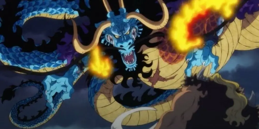 Kaido déchaînant une attaque dans One Piece.